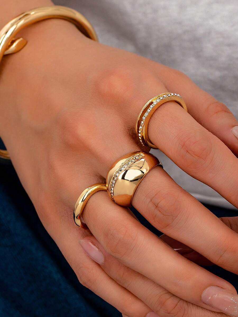3 Pcs Chunky Dome Rings Set For Women Stacked Ring Pack Daily Wear Basic Design Jewelry - Gold - View 1