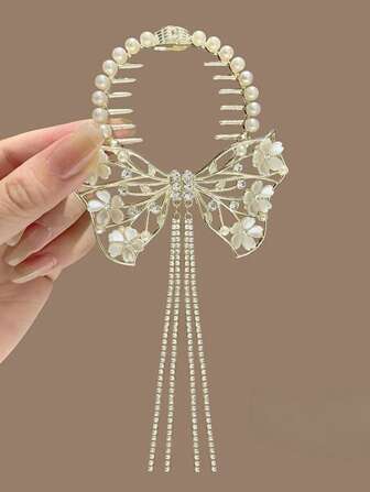 1pc Butterfly Hair Buckle Women's Advanced Sense Pearl Flower Ponytail Clip Light Luxury Back Head Clip