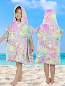 1pc Ultra-Soft Fiber Cute Mermaid & Shell Cartoon Print Kids Hooded Cloak, Children Beach Bath Towel, Waterabsorbent Warm Wrap For Swimming, Beach, Shower, Multi-Use