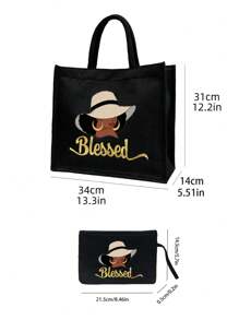 Bolso de lona con estampado de letras doradas y patrones femeninos, que incluye una bolsa pequeña con asa de mano, monedero y bolso grande con gran capacidad, de uso casual y portátil, adecuado para compras en el supermercado, viajes de negocios, vacaciones en la playa, y también puede ser un regalo ideal para amigos, familiares, cumpleaños, Día de la Madre, Día del Maestro.