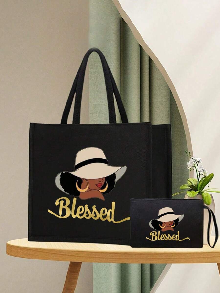 Bolso de lona con estampado de letras doradas y patrones femeninos, que incluye una bolsa pequeña con asa de mano, monedero y bolso grande con gran capacidad, de uso casual y portátil, adecuado para compras en el supermercado, viajes de negocios, vacaciones en la playa, y también puede ser un regalo ideal para amigos, familiares, cumpleaños, Día de la Madre, Día del Maestro.