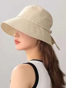 女士波西米亚风优雅蝴蝶结太阳帽，透气渔夫帽，格子丝带，宽边，春夏户外旅行渔夫帽 - 格紋蝴蝶結漁夫帽 - 查看 2