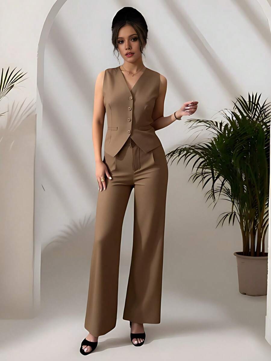Zalla Women's Short Vest And Tailored Pants Set With Buttons, Formal And Elegant - 棕色 - 查看 1
