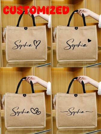 Customizable Personalized Name Linen Tote Bag, Personalized Fashion Outdoor Tote Bag, Customized Bag For Teenagers, Customized Name Or Holiday Text, Large Capacity Briefcase, Perfect For Shopping, Gift Giving, Valentine's Day, Teacher Thanksgiving And Events,Multi-Functional,Ornamental,Letter,Stylish,Modern,Colorful,Cute,Adorable,Casual,Custom,Personalised,Unique,Customized,Ideal Gifts For Him,Ideal Gifts For Her,Kids,Urban Gala,Travel, School