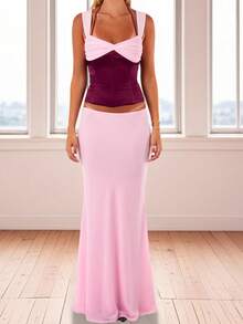 Women 2-Piece Summer Outfits Contrast Colors Tie Up Back Ruched Tank Tops And Long Skirt Set For Streetwear - 粉色 - 查看 1