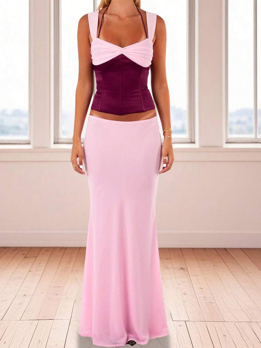 Women 2-Piece Summer Outfits Contrast Colors Tie Up Back Ruched Tank Tops And Long Skirt Set For Streetwear - 粉色 - 查看 1