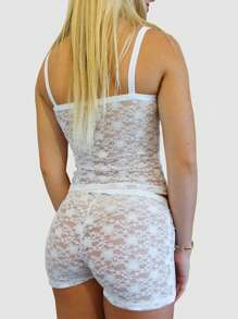 Women Summer 2 Piece Outfits Set See Through Floral Lace Crop Camisole Top Elastic Shorts Sets For Loungewear Soft Streetwear