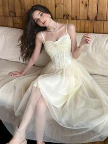 Women's Elegant Lace Contrast Mesh Dress Homecoming Party Dress Birthday Wedding Guest - Apricot - View 1