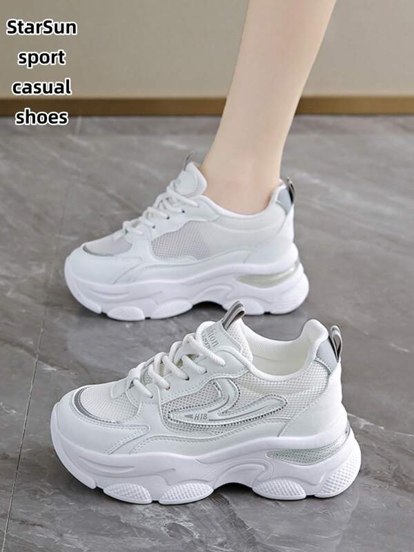 Women's Spring/Autumn New Breathable Mesh Thick-Soled Fashion Sneakers, Lightweight, Versatile Casual Lace-Up Trainers, White Green, White Pink, White Grey