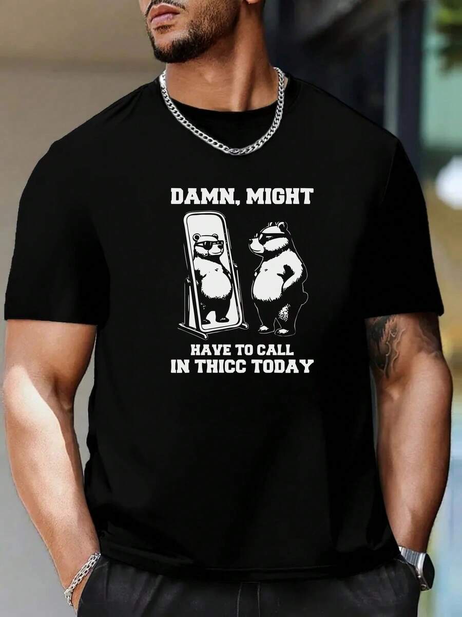 Black T - Shirt With Humorous Panda Pattern , Men's 220gsm New Summer Casual Crew Neck Pure Cotton Short-Sleeved T-Shirt(1 PC) - Black - View 1
