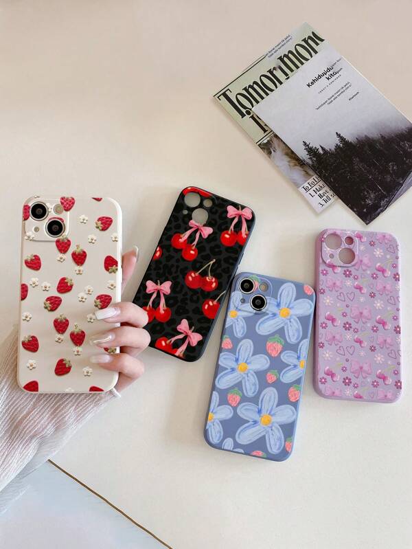4 piezas de Funda de teléfono suave y con protección contra choques con estampado de leopardo, cereza, fresa y flor, compatible con 16/XR/7/8, 16 Pro Max/15 Pro Max/12 Pro Max/13 Pro Max/14 Pro Max, 13/14/11/12P/14, Galaxy S2, S25, A13, 4G, A22, A21S, A51, 4G, A52, S22 Ultra, A33, A35, Redmi 10, Redmi Note 11, 4G, Redmi 11 Lite, A53, TPU, A14, A23, S23 Ultra, S24, A14, A15, S23, A73, A55, A54, A16, A26 Redmi Phones
