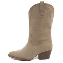 Women Western Cowboy Boots – Embroidered Mid-Calf Chunky Heel Cowgirl Boots With Side Zipper Stylish Comfortable Suede Fall/Winter Boots For Country Concert, Rodeo, Nashville Trip, Festival & Daily Wear [Size Up Half Size] - 淺卡其色 IMSU - 查看 2