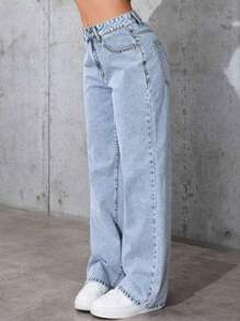 Teen Girls' Fashionable Versatile Solid Color Pocketed Denim Wide Leg Pants