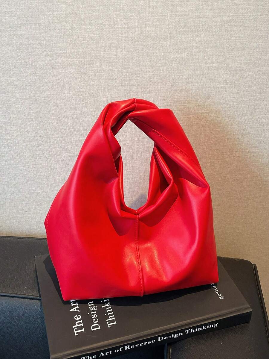 1 件柔软红色 PU 皮革扭纹褶皱女士手提包，简约风格，适合工作和通勤，母亲节好礼物