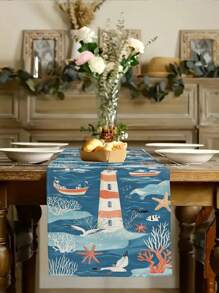 1pc Ocean Theme Turtle, Shell, Coral, Lighthouse Printed Table Runner, Kitchen Dining Room Decor, Holiday Decorative Table Runner, Home Party Decor, Home Decor, Scenic Decor, Outdoor Dining Table, Coffee Table Decorative Flag
