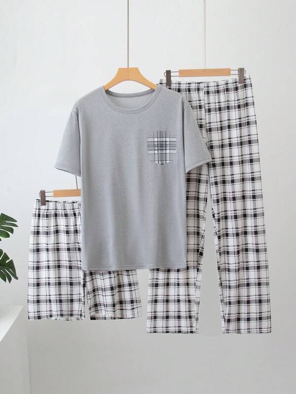 Conjunto de 3 piezas de pijama de hombre, de peso ligero, de manga corta, que consta de shorts + pantalón de manga corta + top de manga corta, ropa de casa de verano a cuadros