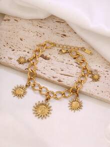 1Pc Summer Beach Stainless Steel Vintage Sun Charms Bracelets For Girl 18K PVD Plated Sunburst Smiling Sun Chain Bracelets Jewelry Suitable For Daily Wear By Women - Bracelet - View 1