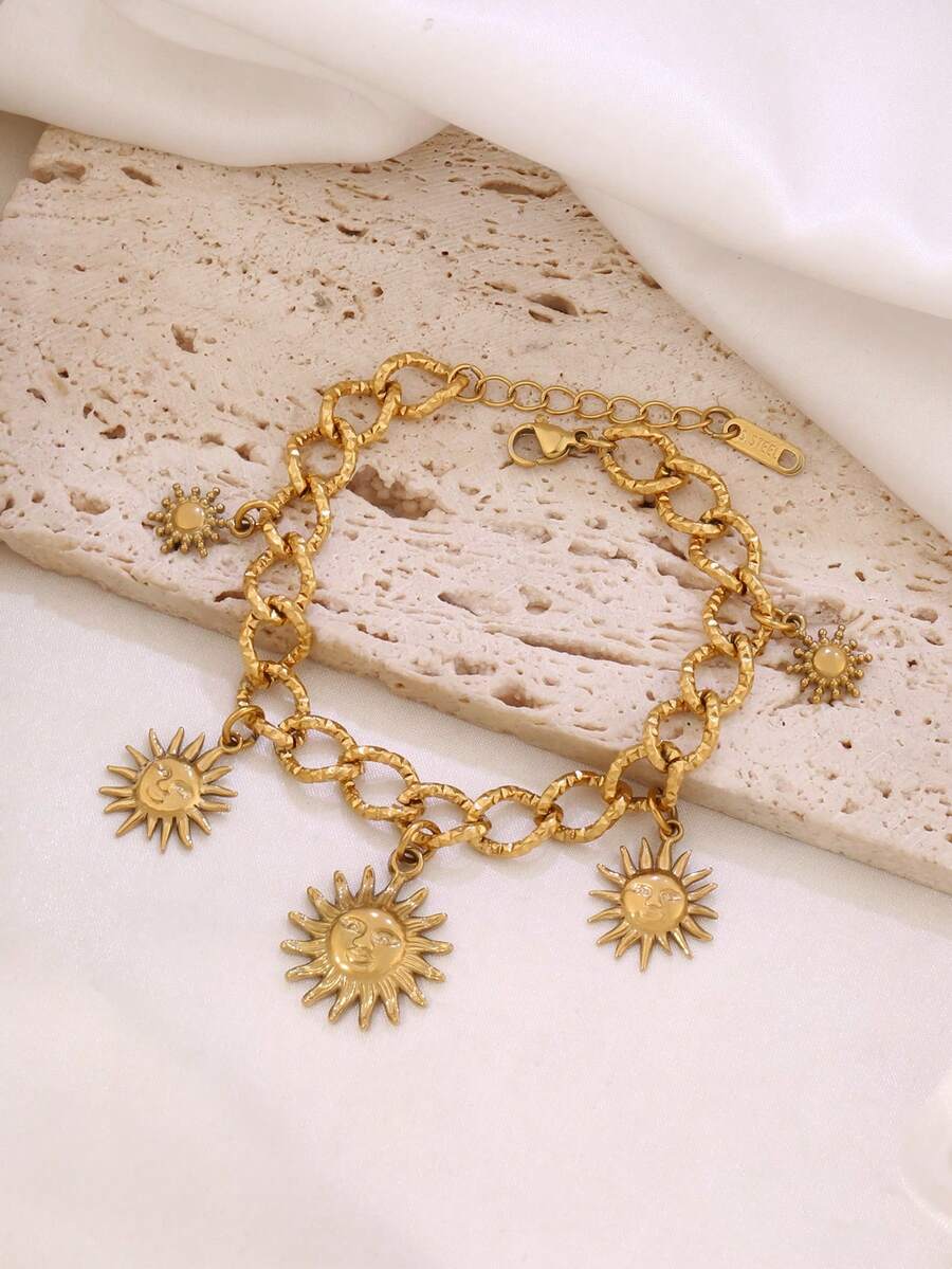 1Pc Summer Beach Stainless Steel Vintage Sun Charms Bracelets For Girl 18K PVD Plated Sunburst Smiling Sun Chain Bracelets Jewelry Suitable For Daily Wear By Women - Bracelet - View 1