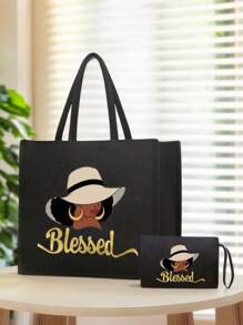 Bolso de lona con estampado de letras doradas y patrones femeninos, que incluye una bolsa pequeña con asa de mano, monedero y bolso grande con gran capacidad, de uso casual y portátil, adecuado para compras en el supermercado, viajes de negocios, vacaciones en la playa, y también puede ser un regalo ideal para amigos, familiares, cumpleaños, Día de la Madre, Día del Maestro.