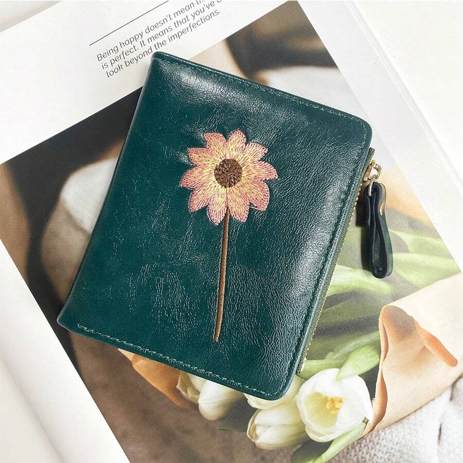 1pc Women Short Wallet With Sunflower Embroidery, Retro Fashion Sunflower Zipper Coin Purse, Suitable For Girls, Ladies, Office Workers And Professionals, Great For Work, Business Trip, Commute, Outing, Travel