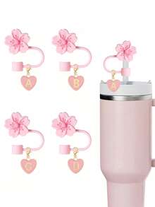 A2pcs/1set Heart & Letter Pomegranate Flower Straw Topper, Pink Cup Letter Marker, And Reusable Silicone Flower Straw Cover Caps For 10mm Diameter Straw, Cute Letter & Flower Decorations For Modern Minimalist Glass Cups, Cup Accessories, Holiday Party Gifts, Mother's Day Gift - Pink - View 11