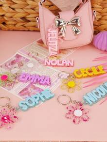 1 pieza Llavero personalizado de acrílico con nombre y flor de colores, recuerdos de fiesta de cumpleaños, regalo personalizado para la niña de las flores, etiqueta de mochila con nombre para niña, dijes de a juego, etiqueta de bolso de acrílico - Llavero de acero + anilla de cadena de 4 eslabones - Ver 11