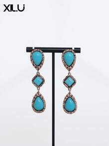 1 par de pendientes con colgante geométrico de colores múltiples con estilo vintage europeo para mujeres