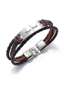 Personalized Men's Leather Carved Bracelet, Customizable Text, Minimalist Layered Woven Bangle, Birthday Gift, Father's Day, Wedding, Christmas Present For Him, Dad, Boyfriend