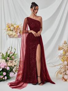 Elisanya 女式单肩长款飘逸丝带前开衩连衣裙，正式舞会礼服晚礼服，适合派对婚礼 - 酒紅色 - 查看 3