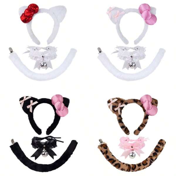 3pcs/Set Cute Cartoon Cat Ear Headband, Collar And Tail Party Decoration Set, Fluffy Leopard Print Headband And Tail Clip For Women Halloween Animal Themed Costume Accessories, Suitable For Masquerade, Festival Party, Cosplay