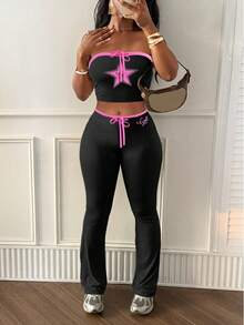 LovelyWholesale Conjunto de top bandeau y pantalones con estampado de letras y pentagramas, adecuado para primavera/verano - Negro - Ver 2