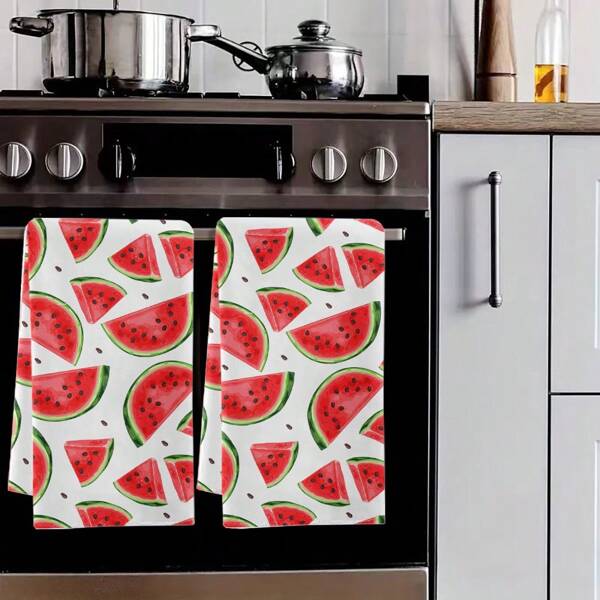 2 pièces Serviettes de main d'été à motif pastèque, serviettes de cuisine rafraîchissantes, lavettes, torchons à vaisselle, serviettes de décoration pour vacances, serviettes de séchage douces et absorbantes, décoration de cuisine, décoration de table de salle à manger, décoration de la maison