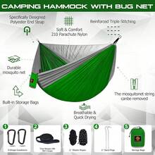 Camping Hammock, Portable Hammocks With Mosquito Net,Lightweight Nylon Parachute Hammock With 10ft Tree Straps,Camping Gear Must Haves For Travel Hiking Backpacking Beach Patio-Green&Khaki - Green - View 3
