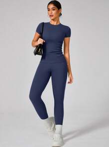 Set aus Damen feuchtigkeitsableitendem Rundhals-Oberteil und Fitnesshose, für Frühling/Sommer