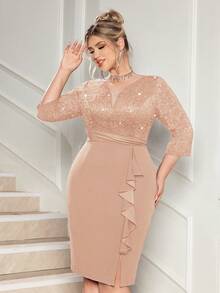 Plus Deep V-Neck Sequin Floral Lace Contrast Ruffle Trim Split Hem Evening Party Bodycon Dress, Semi Formal Wedding Guest Dress, For Birthday, Graduation, Dinner, Homecoming