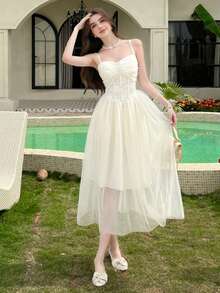 Women's Elegant Lace Contrast Mesh Dress Homecoming Party Dress Birthday Wedding Guest - Apricot - View 3