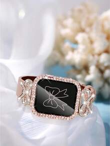 2-teiliges Damen-Uhrenarmband + Uhrengehäuse-Kombi-Set, roségoldfarbenes Schmetterlings-Strass-Lederarmband + funkelndes Kristall-PC-Gehäuse, kompatibel mit Apple Watch 38/40/41/42 (S10)/44/45/49/46 mm, Lässig armband und Schutzhülle, passend für Series S10/Ultra Se/9/8/7/6/5/4/3/2/1, weiches und bequemes Leder mit Schleifendesign, Damen-Uhrenzubehör, Apple Watchband