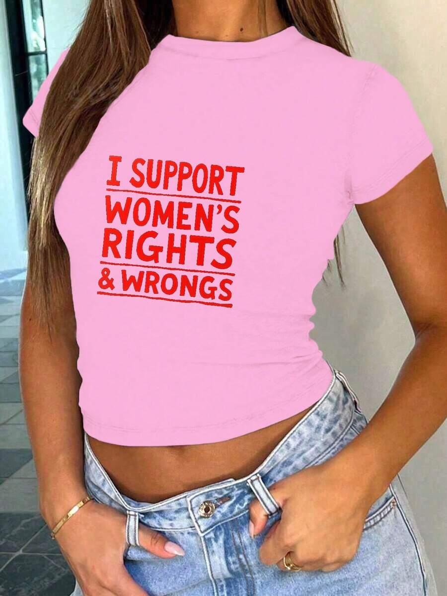 I SUPPORT WOMEN S RIGHTS WRONGS Women's Fashion Short T-Shirt, Free Shipping - 粉色 - 查看 1