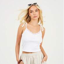 brave soul Tie Strap Vest With Lace Deail - White - View 1