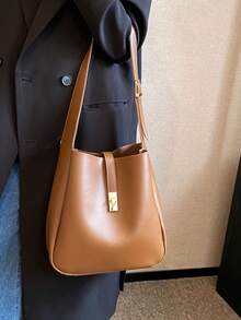 New Fashion Solid Color Tote Bag, Large Capacity Bucket Bag, Casual All-Match Shoulder Bag, Commute & Work Suitable - Brown - View 9