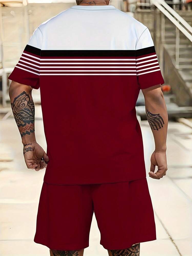 Summer Breathable T-Shirt Set, Casual Hip-Hop Style, Black & White Round Neck T-Shirt With Drawstring Shorts, Polyester Fabric Regular Design, Men's Lightweight Casual Outfit, Men's Plus Size Short Sleeve Shorts Set - Multicolor - View 4
