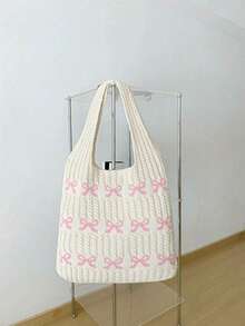 1 件蝴蝶图案撞色钩针手提包单肩包大容量时尚沙滩包多功能通勤包大容量针织流浪包可爱心形图案手提包女士休闲钩针手提包单肩包 Y2k 礼物、休闲度假、沙滩包、单肩包、手提包
