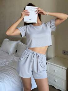 Women 2Pcs Summer Lounge Set, Lightweight Breathable Scoop Neck Relaxed Fit Ruffle Hem Cropped Top And Elastic Waist Ruffle Hem Short, Solid Color, Lounge Outfit