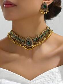 1pc Vintage Peacock Wing Rhinestone Water Drop Necklace & 1 Pair Vintage Teardrop Pearl Personalized Earrings, Stylish Jewelry Set Suitable For Women To Wear To Banquets Or Parties - Bronze - View 2