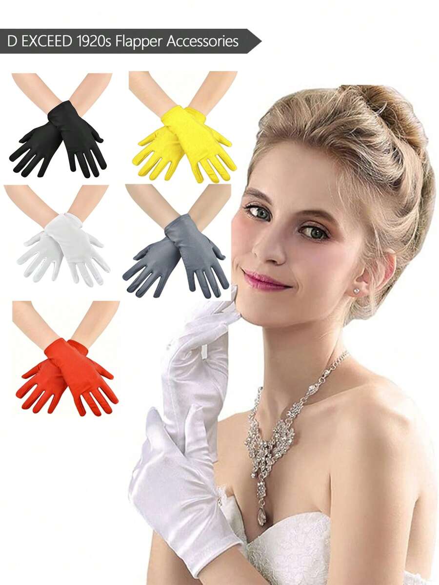 D EXCEED 1/3 Pcs Women's Short Satin Opera Gloves Formal Dancing Gloves For Wedding Bridal Banquet Party Gloves 1920s Flapper Accessories, Halloween