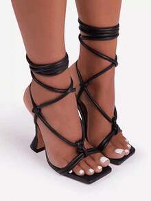 Sandalias romanas de tacón alto con correa cruzada sexy,sandalias de tacón grueso con correa fina para mujer, tacones altos de fiesta cómodos con punta abierta - Negro - Ver 1