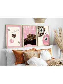 3pcs Leopard Cheetah Wall Art Picture 8 Ball Lucky Prints Canvas Paintings Pink Girly Posters Preppy Chic Luxury Decor For Bedroom, Living Room, Or Dorm Room Decor Gift For Her Optional Frame ,Wall Art With Frame