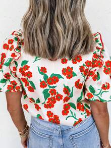 Acelitt 花卉印花荷叶边泡泡袖优雅夏季衬衫 - 彩色 - 查看 2