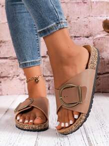 Damen unifarbene basic Lässig Strandpantoffeln, outdoor Cut Out verstellbare Gleitpantoffeln für den Sommer