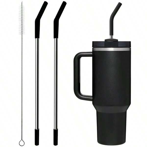 Metal Straw With Silicone Tip For 40oz Tumbler Cup, 2 Pcs Stainless Steel Straws Replacement For 40 Oz 30 Oz Travel Tumbler Cup, 1 Straw Brush,School Supplies